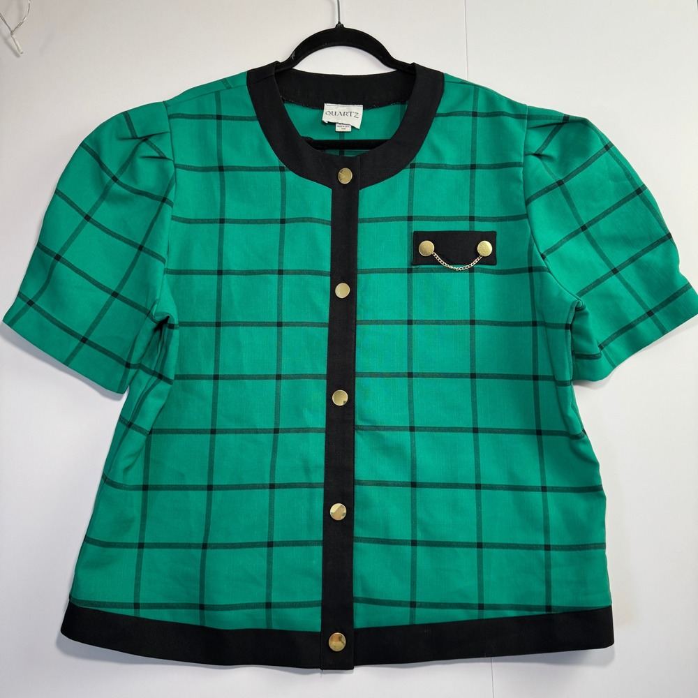 Quartz Vintage Green Black Plaid Short Sleeve Button Front Blouse Size 18W
